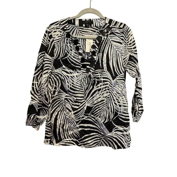 Josephine Indigo Girl Womens Top Size 6 Black/White Leaf Print 3/4 Sleeves Cotto - Picture 1 of 6
